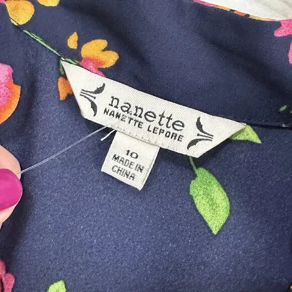 Nanette Lepore Floral Chiffon Dress Size 10 Ruffle Sleeveless Summer Navy NEW - Picture 6 of 8